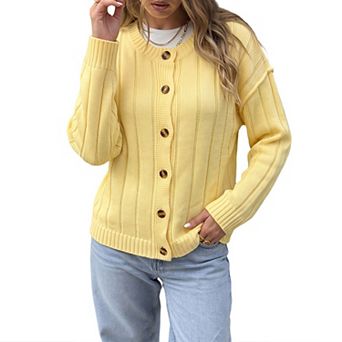ShopWonder Women Crew Neck Cardigan Open Front Button Down Long Sleeve Drop Shoulder Fall Sweaters