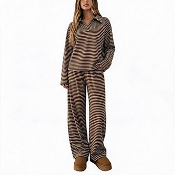 Women Striped Casual Two‑Piece Set Lapel Half‑Placket Top Straight Leg Pants Clothing Set