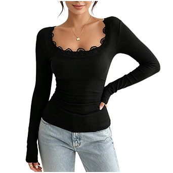 Women Long Sleeve Square Neck Going Out Tops Slim Fit Lace Trim Shirts Fall Casual Basic Tees