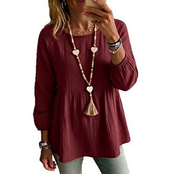 Valossie Cotton Linen Tops for Women Casual Crew Neck 3/4 Sleeve Blouses Lightweight Shirts