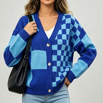 ShopWonder Women Color Block Plaid Button Down Cardigan Long Sleeve Cable Knit Sweaters