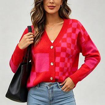 ShopWonder Women Color Block Plaid Button Down Cardigan Long Sleeve Cable Knit Sweaters