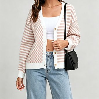 Women's Checkered Striped V Neck Long Sleeve Knitwear Sweater Cardigan