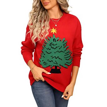 GloryStar Womens Christmas Sweaters Casual Round Neck Long Sleeve Ugly Christmas Tree Pullover Tops