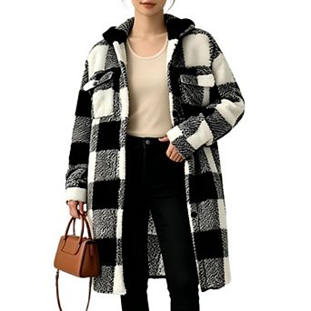 EcoSummer Women Plaid Jacket Faux Fur Fleece Coat with Button Front Warm Sherpa Fall Winter Jacket