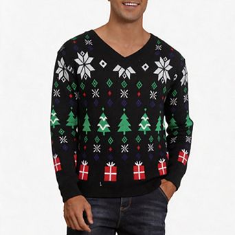 Men's Christmas Tree Jacquard Sweater V Neck Pullover Holiday Knit Top