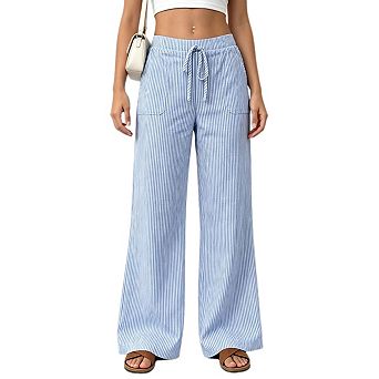 Women Striped Wide Leg Pants Drawstring Elastic Waist Casual Loose Lounge Trousers with Pockets