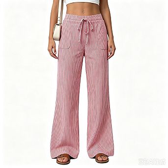 Women Striped Wide Leg Pants Drawstring Elastic Waist Casual Loose Lounge Trousers with Pockets