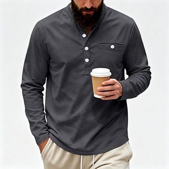 Men's Long Sleeve Polo Sweatshirt, Button Collar Polo Pullover Top