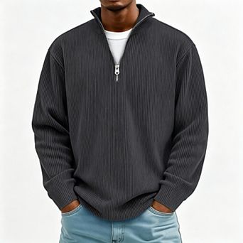 Men's Corduroy Polo Shirt, Quarter-Zip Stand Collar Long Sleeve Pullover