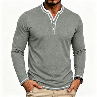 Men's Fake Two-Piece Long Sleeve Henley Shirt, Soft Stretch Layered Pullover