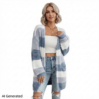 Women’s Colorblock Fuzzy Open Front Cardigan, Long Sleeve Knit Outerwear With Pockets
