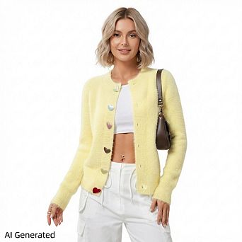 Women’s Crewneck Fuzzy Heart Button Cardigan, Elegant Valentine Open Front Knit Sweater