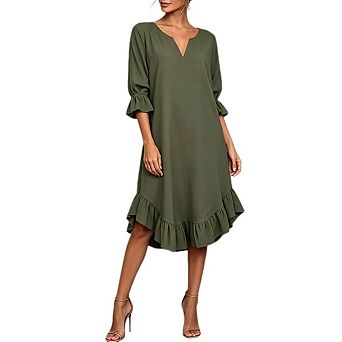 Womens 3/4 Length Sleeve Midi Dresses V Neck Casual Boho Ruffle Hem Tunic Flowy Dress