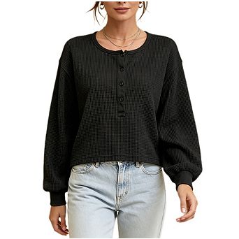 Womens Waffle Knit Sweatshirt Causal Oversized Button Henley V Neck Pullover Cropped Tops