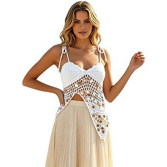 Women's Sequined Crochet Halter To Backless Cut out Knit Cover up with Asymmetrical Hem