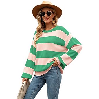 Women's Striped Loose Fit Casual Long Sleeve Color Block Crewneck Sweatshirt