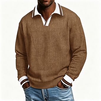 Men's Corduroy Pullover Sweatshirt, Ribbed Lapel Collar Relaxed Fit Long Sleeve Top