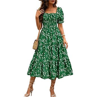 Women's Boho Floral Casual Elegant Square Neck Puff Short Sleeve Pleated A-line Midi Dress