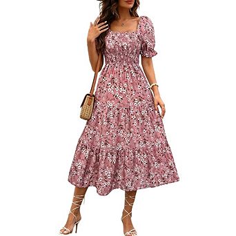 Women's Boho Floral Casual Elegant Square Neck Puff Short Sleeve Pleated A-line Midi Dress