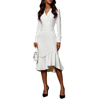 Women Formal Casual V Neck Collared Long Sleeve Bodycon Irregular Ruffle Hem Midi Business Dress