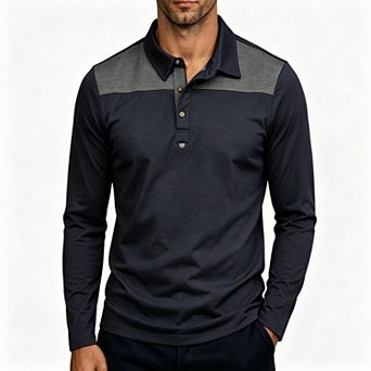 Men's Long Sleeve Polo Shirt Collared Button Front Patchwork Casual Top