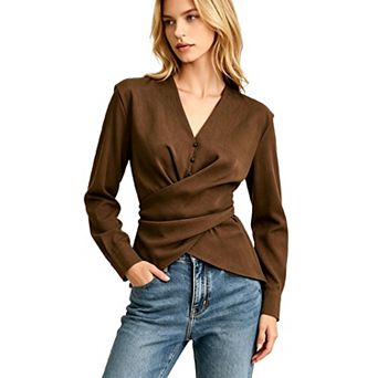 Womens Ruched Tops Casual Long Sleeve V Neck Asymmetrical Hem Shirt Slim Fitted Blouse