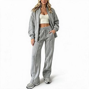Women Casual Two-Piece Set Zip-up Sweatshirt & Elastic Waist Wide Leg Pants Outfit