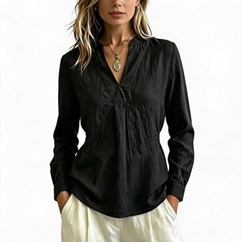 Women Split Stand‑Collar V‑Neck Blouse Loose Long Sleeve Casual Shirt