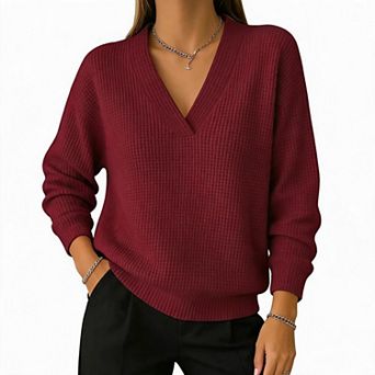 Women Solid Color Waffle Knit Pullover Top Casual V‑Neck Long Sleeve Loose Fit Top
