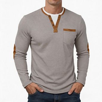 Men's Waffle Knit Henley Shirt Long Sleeve Layered Look Crew Neck Top