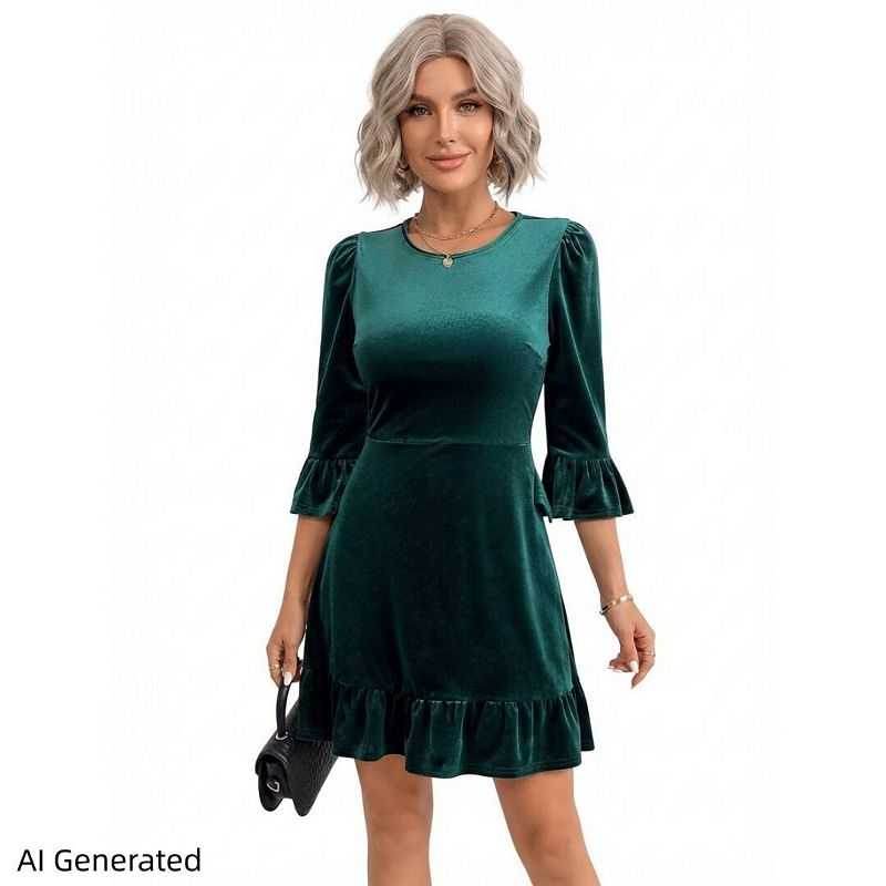 christmas green velvet dress Women's Elegant Dress, Round Neck Slim Fit Design With Ruffle Skirt Right at the same