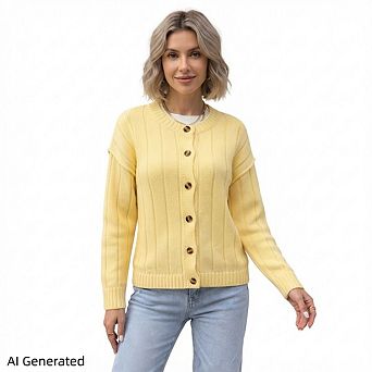 Women’s Round Neck Button Knit Cardigan, Long Sleeve Sweater Coat