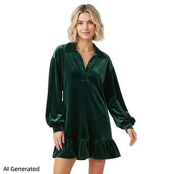 Women’s Christmas Velvet Collared Shift Mini Dress, Long Sleeve With Ruffle Hem