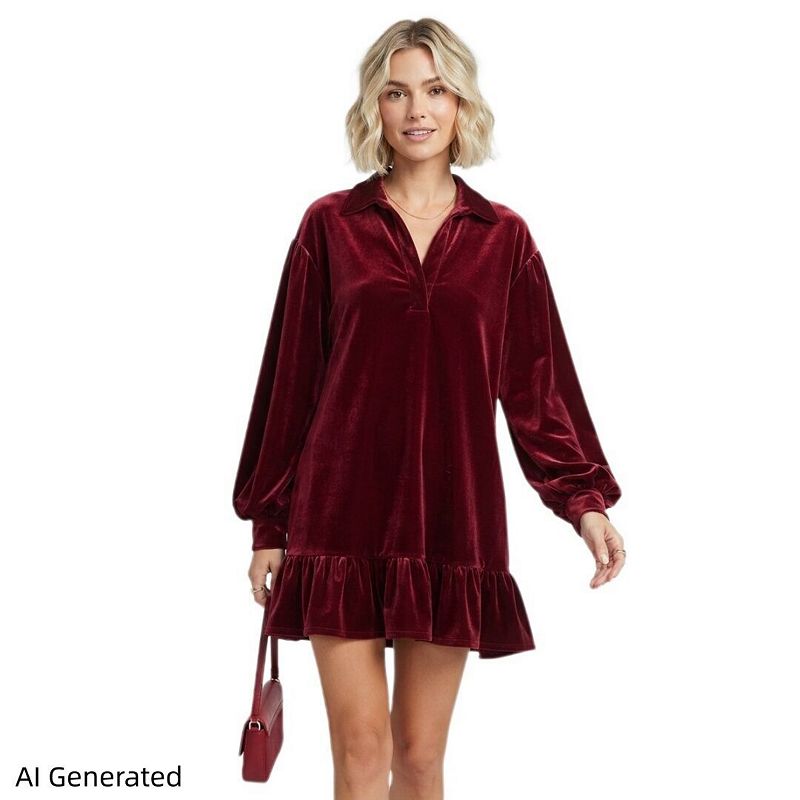 shift christmas dress Women's Velvet Collared Mini Dress, Long Sleeve With Ruffle Hem playing with cousins Christmas