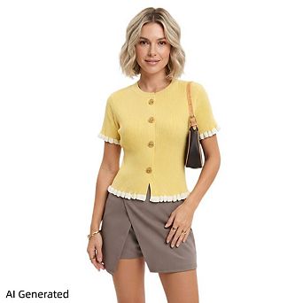Women’s Crew Neck Knit Cardigan, Ruffle Short Sleeve Button Down Sweater Tops