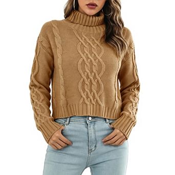 KOJOOIN Women Turtleneck Cable‑Knit Cropped Sweater Drop‑Shoulder Sleeves Fall Winter Casual Sweater
