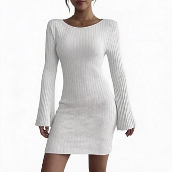 Women Ribbed Knit Mini Dress Long Bell Sleeve Round Neck Bodycon Sweater Dress