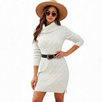 Women Cowl Neck Knit Sweater Dress Long Sleeve Textured Bodycon Mini Dress