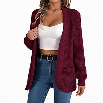 Women Waffle Knit Open Front Cardigan Long Sleeve Casual Sweater with Pockets