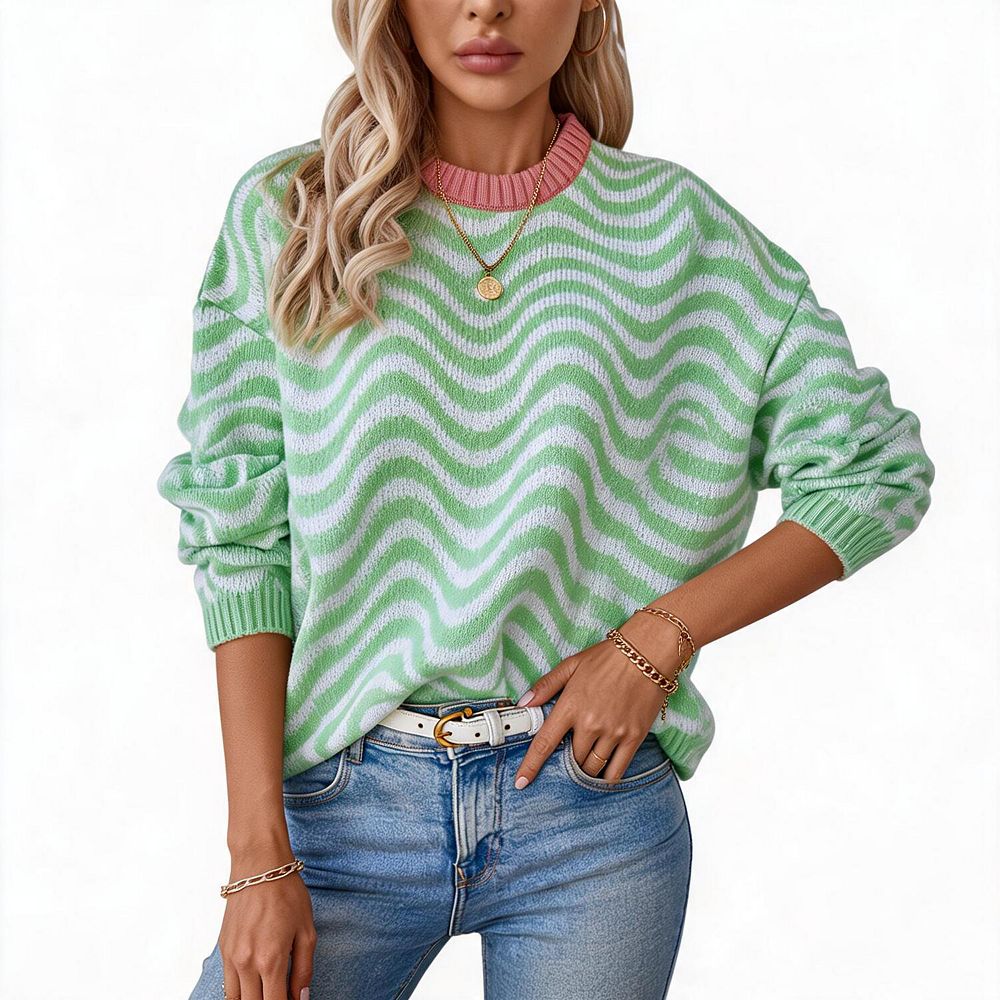 Women Wave Stripe Knit Pullover Color‑Block Crew Neck Long Sleeve