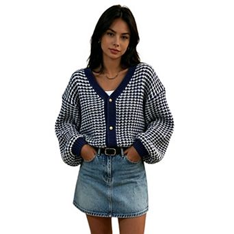 Women Knit Cardigan Button Down Long Puff Sleeve Loose Sweater