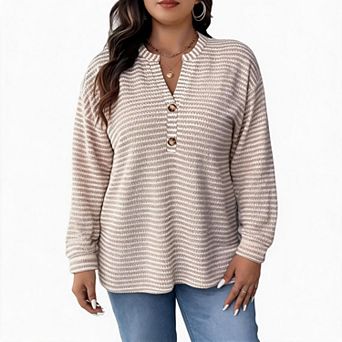 Women Striped Henley Long Sleeve Top Notched V‑Neck Button Decor Casual Blouse