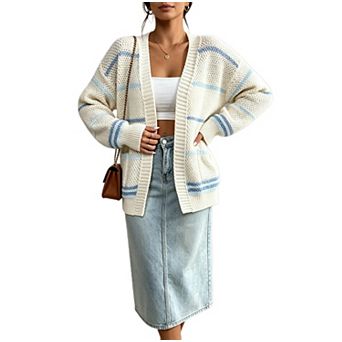 Women Striped Knit Cardigan Loose Sweater Coat with Pockets