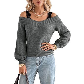 Women's Off Shoulder V Neck Knit Sweater Long Puff Sleeve Casual Ribbed Pullover Top