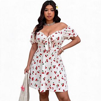 Women Off‑Shoulder Cherry Print Short Puff Sleeve A‑Line Mini Dress