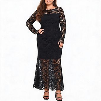 Plus Size Women Long‑Sleeve Floral Lace Maxi Dress