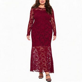 Plus Size Women Long‑Sleeve Floral Lace Maxi Dress