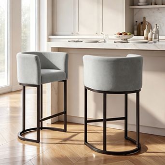 Upholstered Barrel Counter Height Bar Stools Chenille Counter Stools with Curved Back