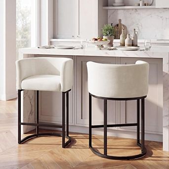 Upholstered Barrel Counter Height Bar Stools Chenille Counter Stools with Curved Back
